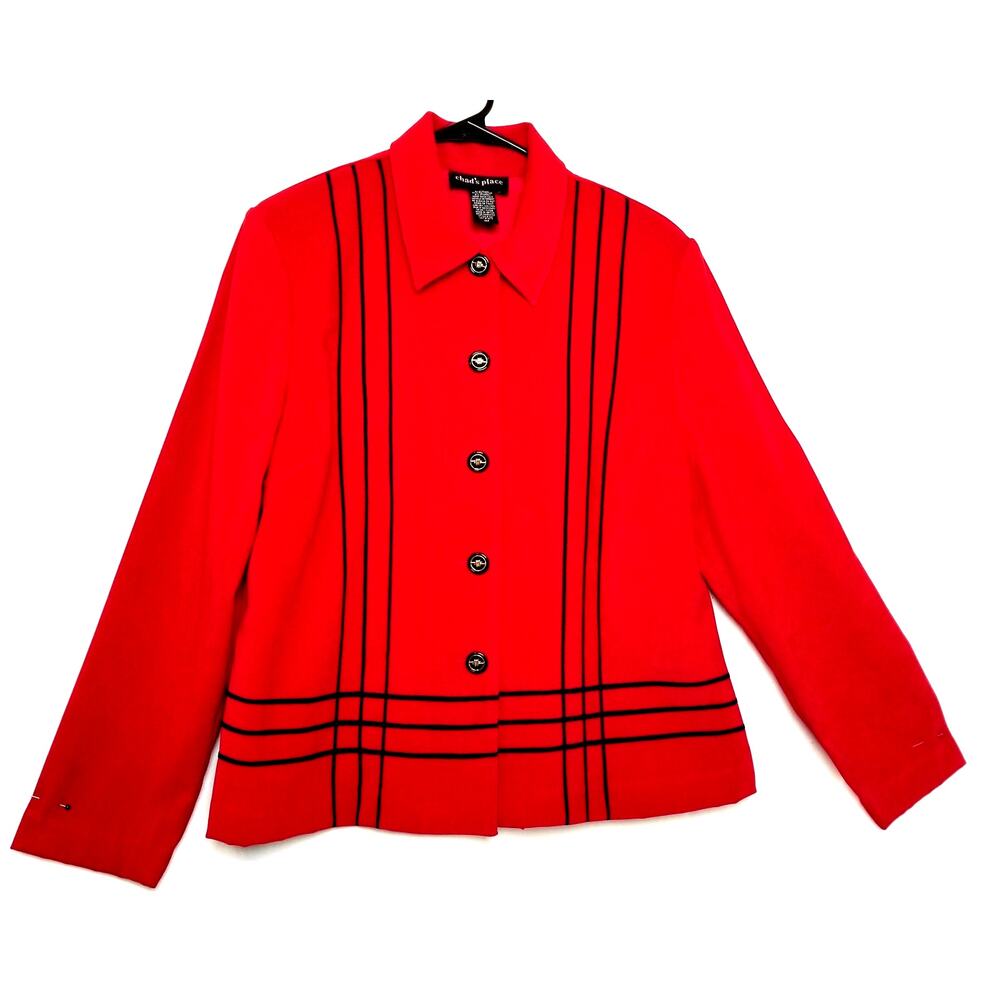 VTG-Chad's Place Red Velour Jacket Button Up Front Long Sleeve Black Trim Sz 14P